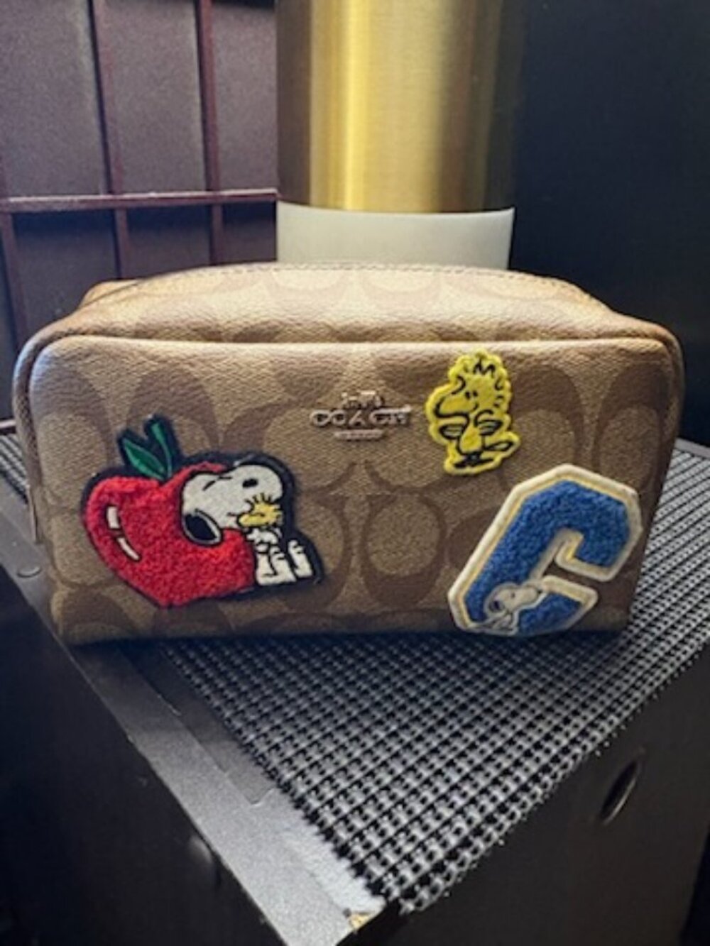 Coach X Peanuts Small Boxy Cosmetic Case In Signature Canvas Varsity Patches